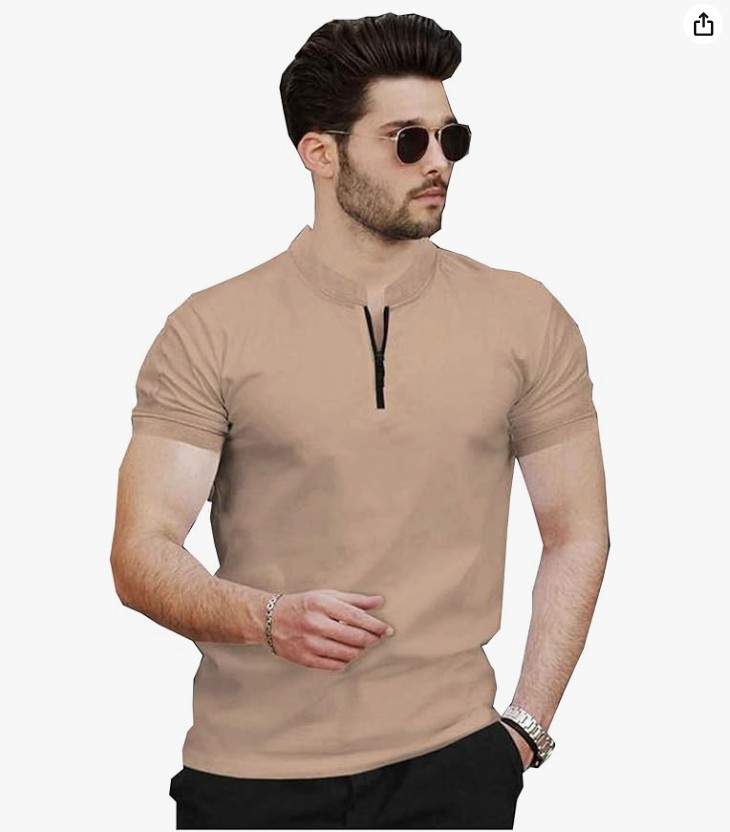 Men's Casual Half Sleeve T-Shirt with Zip Collar, Black