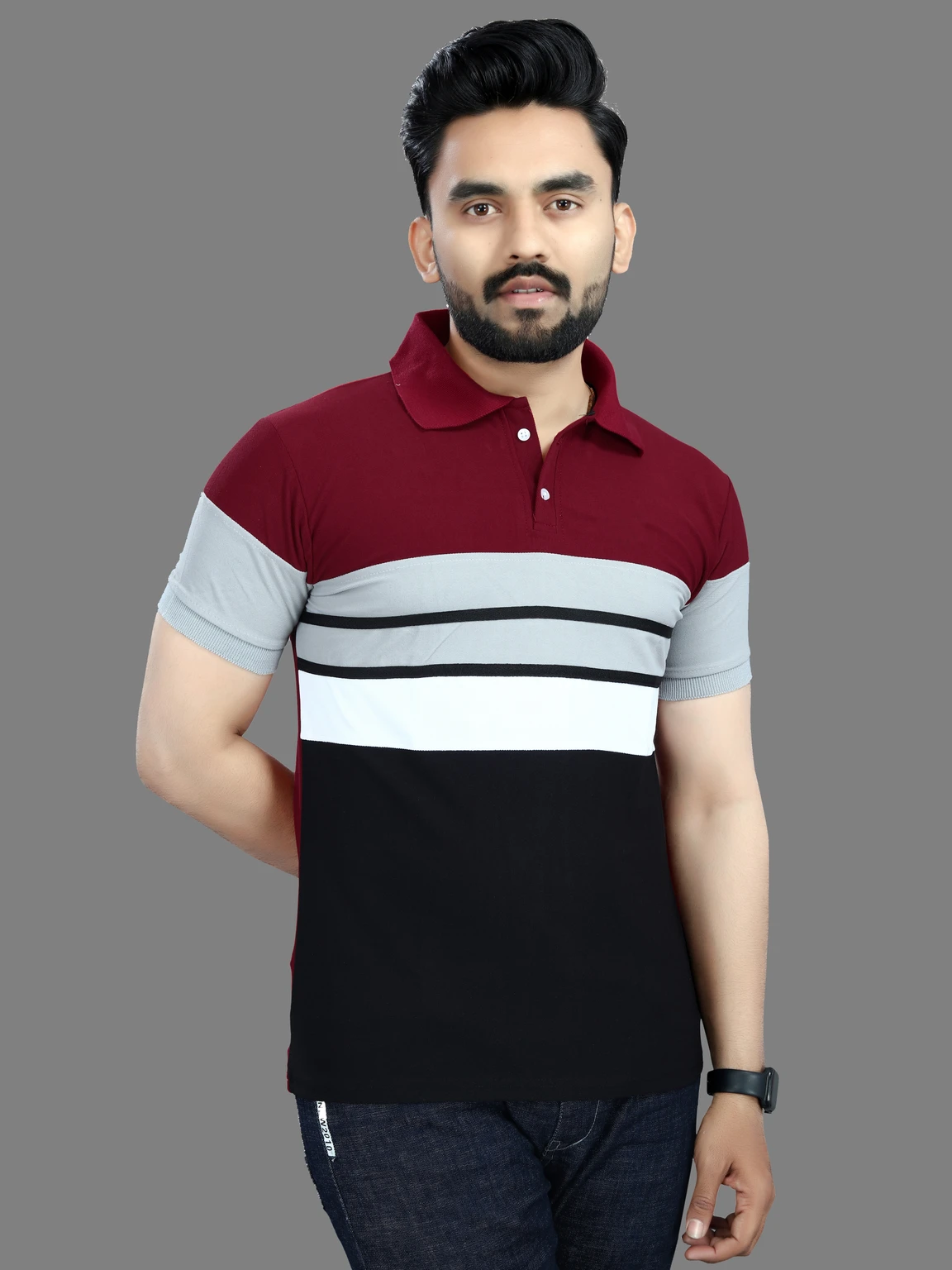 LIMDILEVEN Men Striped Polo Neck Cotton Blend Maroon T-Shirt