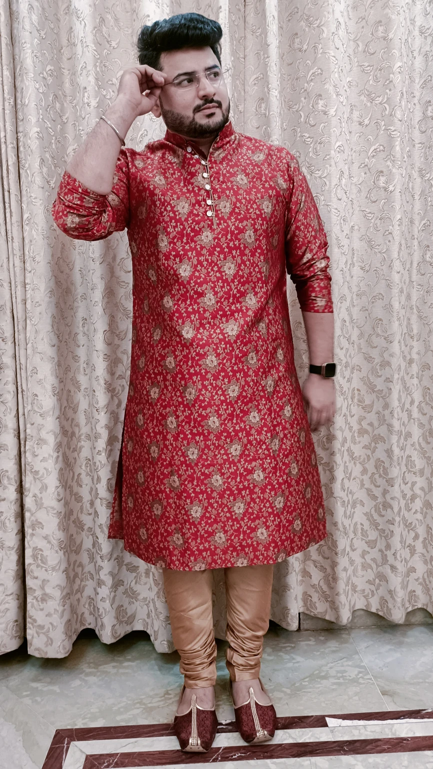 Larwa Men Jacquard Kurta Churidar Set