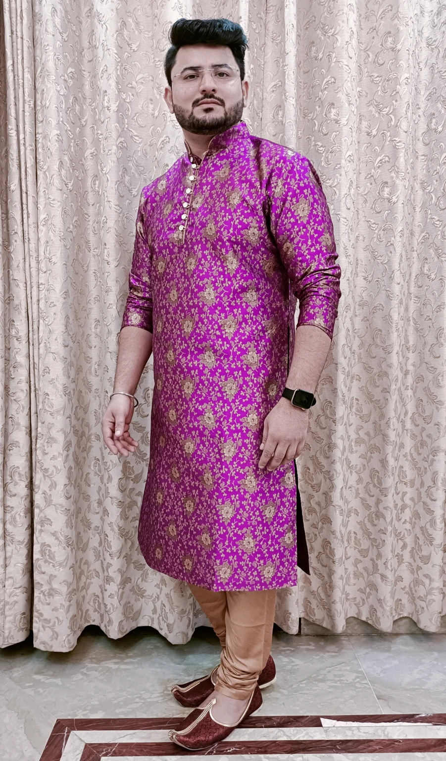 Larwa Men Jacquard Kurta Churidar Set